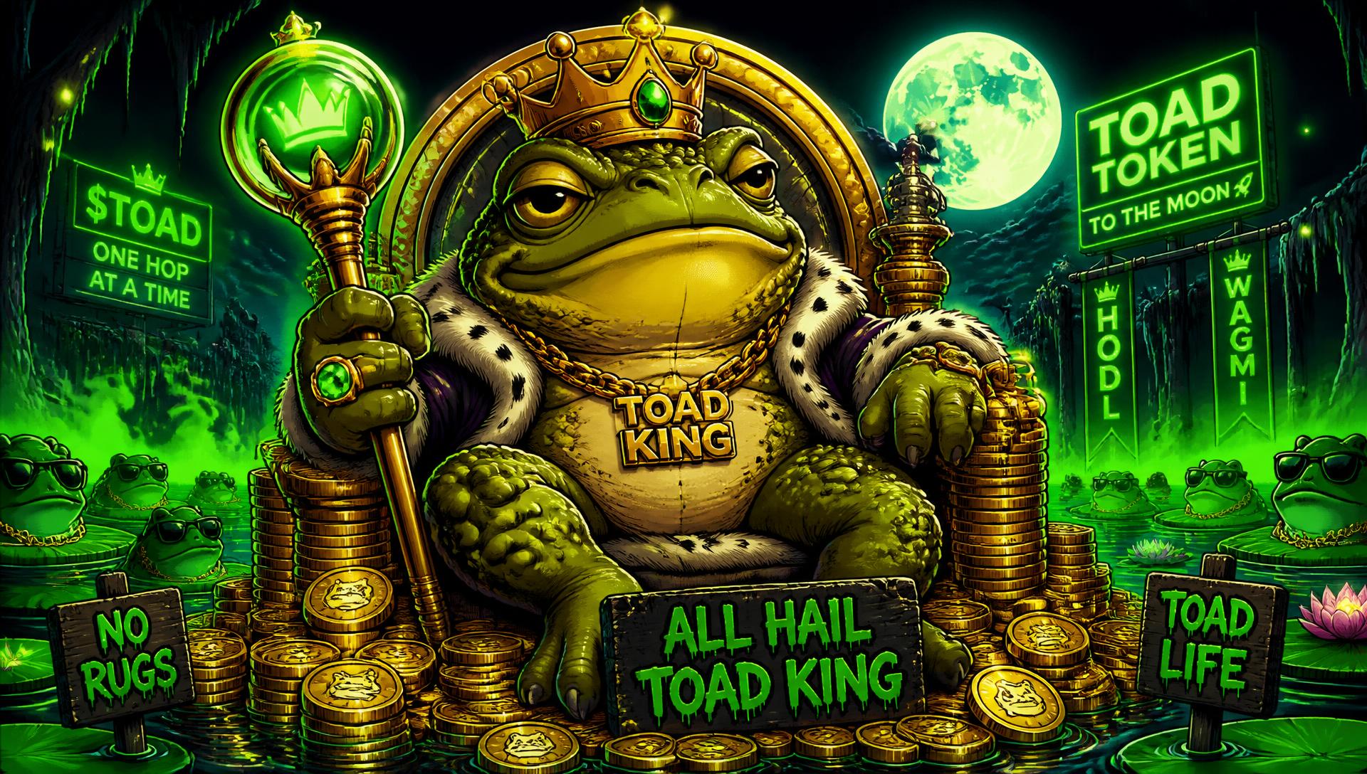 Toad king sitting on a throne of gold coins in a neon swamp